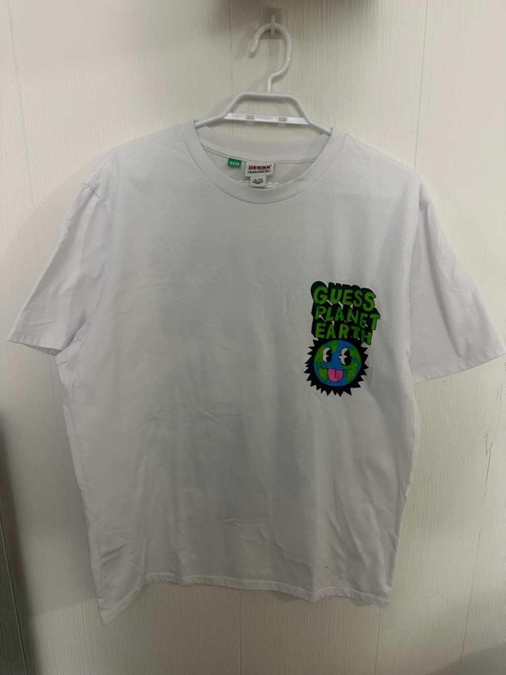 Guess White Short Sleeve Tee with Green & Blue Planet Graphic Patch